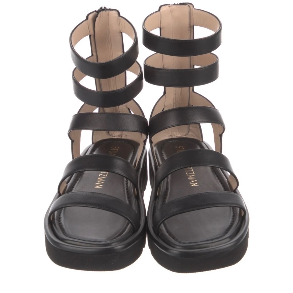 $550 Stuart Weitzman Gala Lift Leather Sandal GLADIATOR BLACK PLATFORM 6  (PA4)